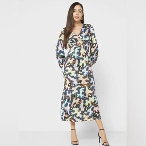 Never Fully Dressed / Louella satin mix print black Puff Sleeve Dress 22